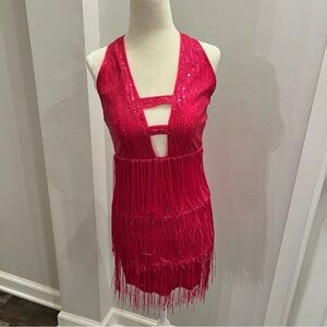 Double Crazy Halter Top Sequin Fringe Hot  Pink Size Small